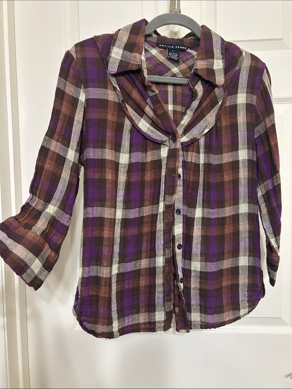 Antilia Femme Cotton Plaid Button-Down Top in Purple, Brown & Cream